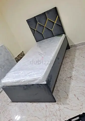 New Single velvet upholstered bed with geometric headboard