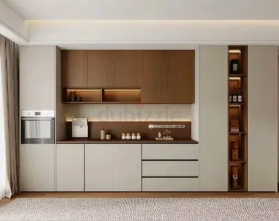 Compact modern built-in kitchen cabinets with integrated shelving