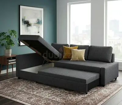 Convertible Fabric Sofa Bed with spacious storage compartment. Easy left/right corner assembly. Avai
