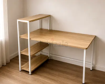 Modern Wooden Study Desk with Side Bookshelf