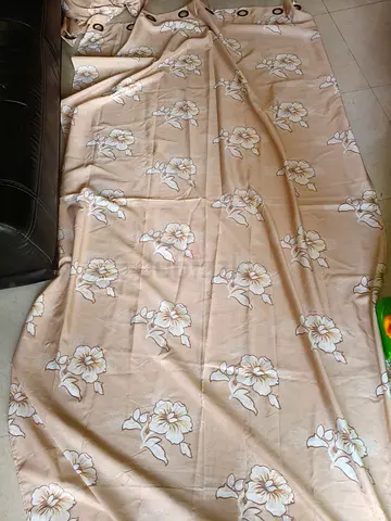 Pair of Beige Floral Curtain Panel with Eyelets - Good Condition