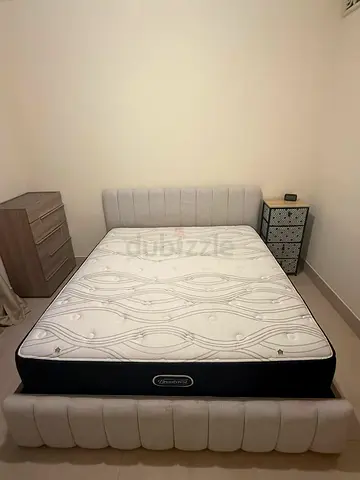 Kingsize upholstered bed frame with mattress - light grey, good condition