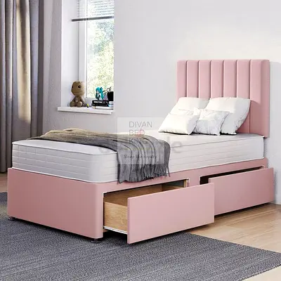 Single pink upholstered bed with storage drawers, good condition