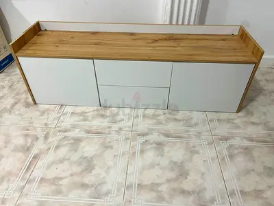 Low modern TV unit / media console - white and wood finish