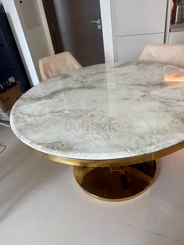 Round Marble-Top Dining Table with Gold Base + 4 chairs - Excellent Condition