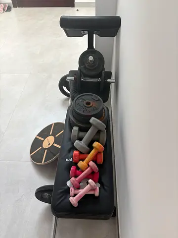 Home weight bench with dumbbells and balance board - used