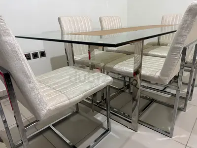 Glass Top Dining Table with 6 White Velvet Chairs, Chrome Frame- Homes r us