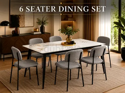 6-Seater Dining Set – Marble-Top Dining Table Set with Grey Fabric Chairs