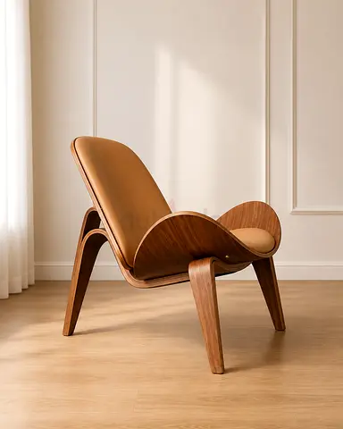 Modern Walnut Shell Chair with Tan Leather Upholstery