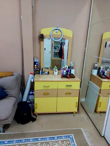 Yellow wooden dresser with mirror - good used condition