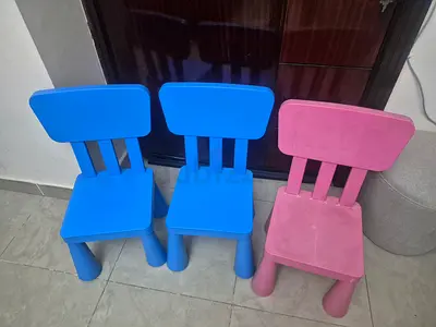 Set of 3 children's plastic chairs - 2 blue, 1 pink (good used condition)