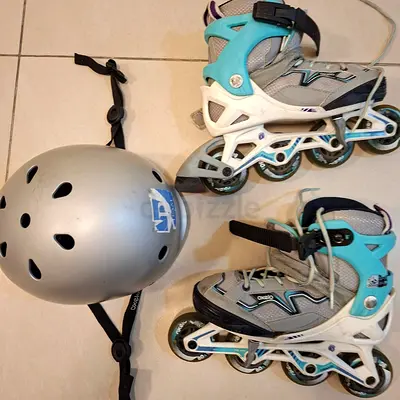 Kids/Adult Inline Roller Skates with Protective Helmet - Light Blue/Grey -OXELO(ABEC 3)