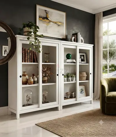 White Wooden Display Cabinet / Bookcase with Glass Doors - Good Condition