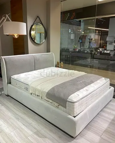 Queen Size upholstered bed frame with mattress - light grey