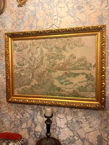 Framed Vintage Embroidered Landscape Joplin Tapestry in Gilded Frame