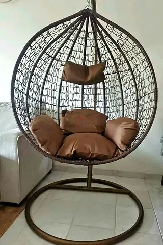 Brown Rattan Hanging Egg Chair with Stand - Comfortable Cushion