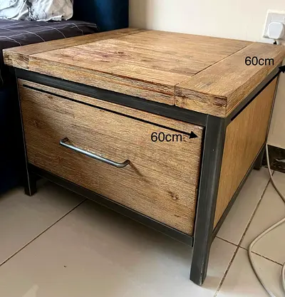 Solid Vintage Wood & Metal Bedside Table with Drawer - Approx 60cm