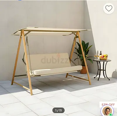 Outdoor 3-Seater Steel Swing with Cushions - Beige