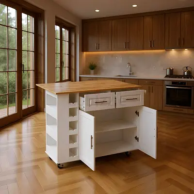 Mobile kitchen island cart with storage and butcher block top
