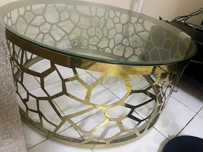 Round Gold Metal and Glass Coffee Table - Modern Geometric Design