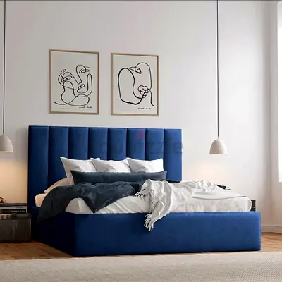 New Blue Upholstered King Bed with Vertical Channel Headboard