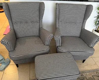 IKEA Strandmon TWO Fabric Armchairs with matching Footstool