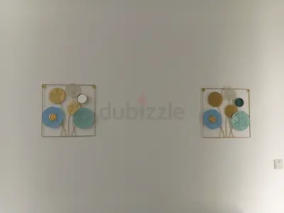 Pair of Metal Floral Wall Hangings - Blue & Gold Decorative Panels