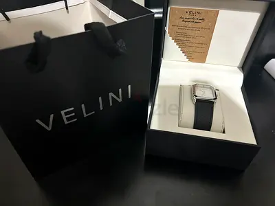 Velini women's silver square dress watch with black leather strap — unused