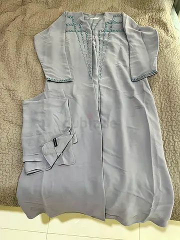 Light grey embroidered abaya with matching scarf, gently used