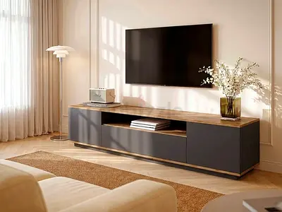 Modern TV Stand with Wood Top and Grey Finish