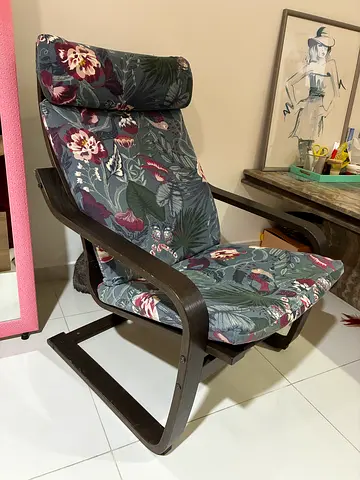 IKEA Wooden-frame lounge chair with floral cushion (good condition)