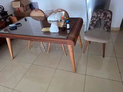 Modern Wooden Dining Table with Glass Top and 4 Chairs and bench