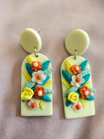 Handmade Floral Polymer Clay Drop Earrings - Cream, Blue & Yellow