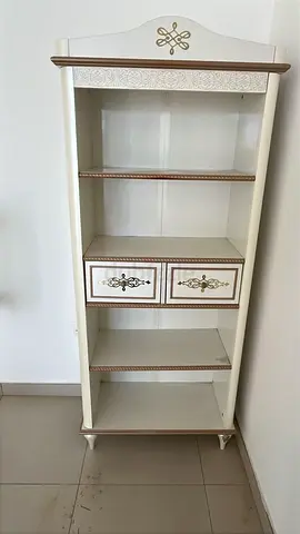 White Ornate Tall Bookcase / Display Shelf with Drawers