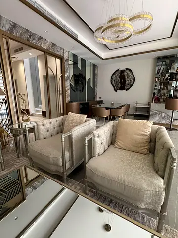 Sofa set with three, three seaters and two, One seater. Coffee table and small tables