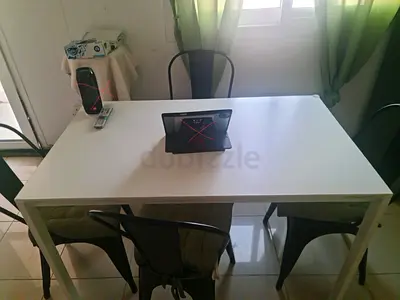 Ikea White dining table with 4 metal chairs - sturdy and simple with free ikea shoe rack
