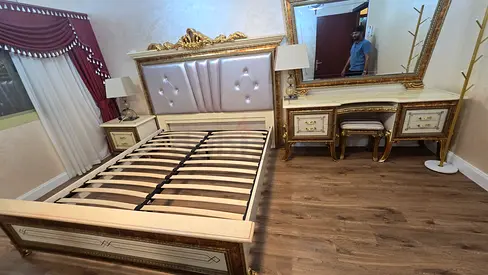 Royal type king size double bed with mattress, 2 side table , 1 big cupboard with dressing table.