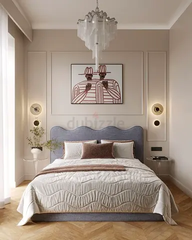 Queen upholstered bed frame with curved headboard