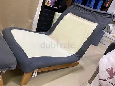 Grey fabric chaise lounge with wooden base - good condition