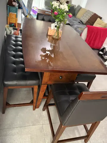 Solid Wood High Dining Table with 4 Padded Stools - Dark Brown