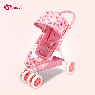 Pink Doll Stroller with Canopy and Storage Basket