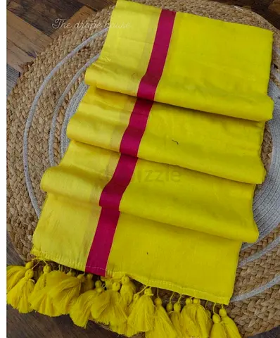 Yellow mulcotton saree with stripe and tassels
