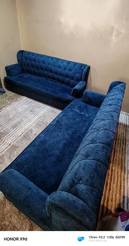 Blue velvet 3-seater sofa set - good condition
