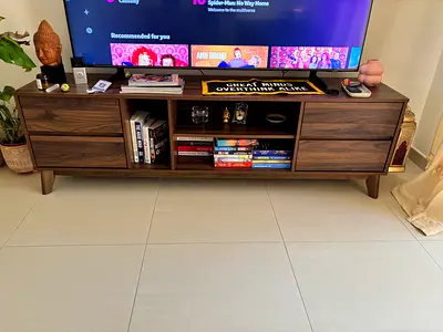 Modern Walnut TV Unit with Storage Drawers and Shelves