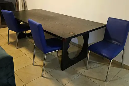 Solid Dark Wood Dining Table with 3 Blue Chairs - Modern Design With Glass