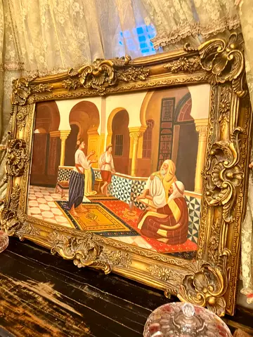 Vintage oil panted Middle Eastern Courtyard Oil Painting in Ornate Gold Frame