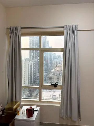 Light grey floor-length curtains with curtain rod - gently used