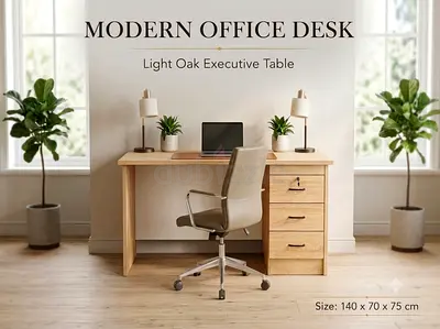 Modern Wooden Office Desk with Storage Drawers – Light Oak Computer Table for UAE Offices