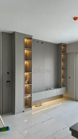 Built-in Grey TV Wall Unit with LED Shelving — Almost New