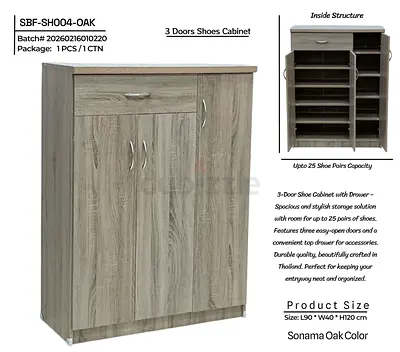 Sonoma Oak 3-Door Shoe Cabinet with Drawer – Holds up to 25 Pairs